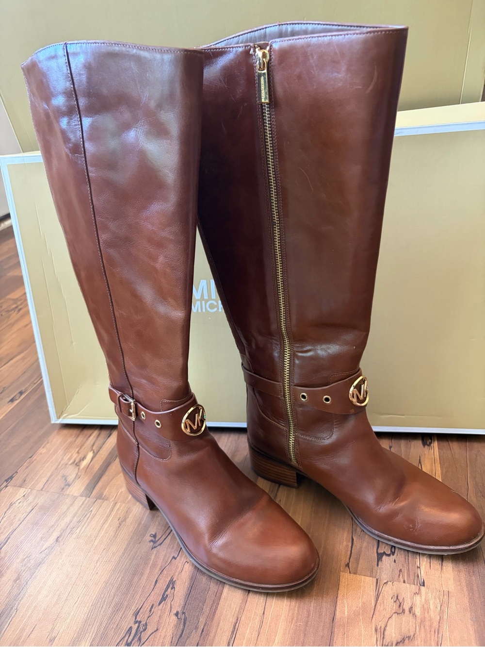 Michael Kors Heather Riding Boots Womens 8M Brown Leather Knee High MK Box WIDE